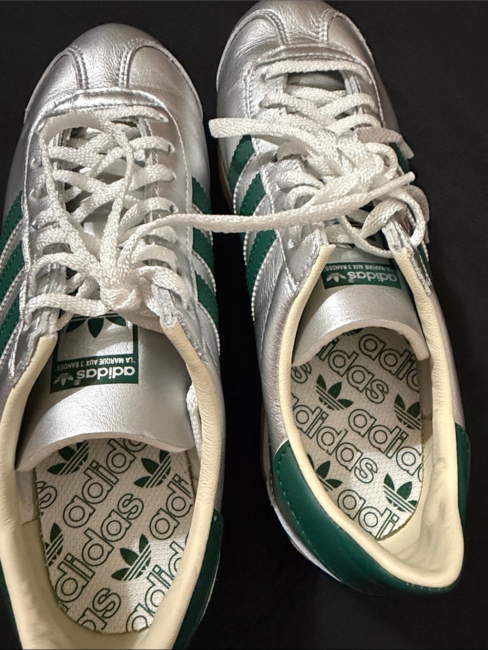adidas Silver Metallic Sneakers with Green Stripes - Picture 3 of 3